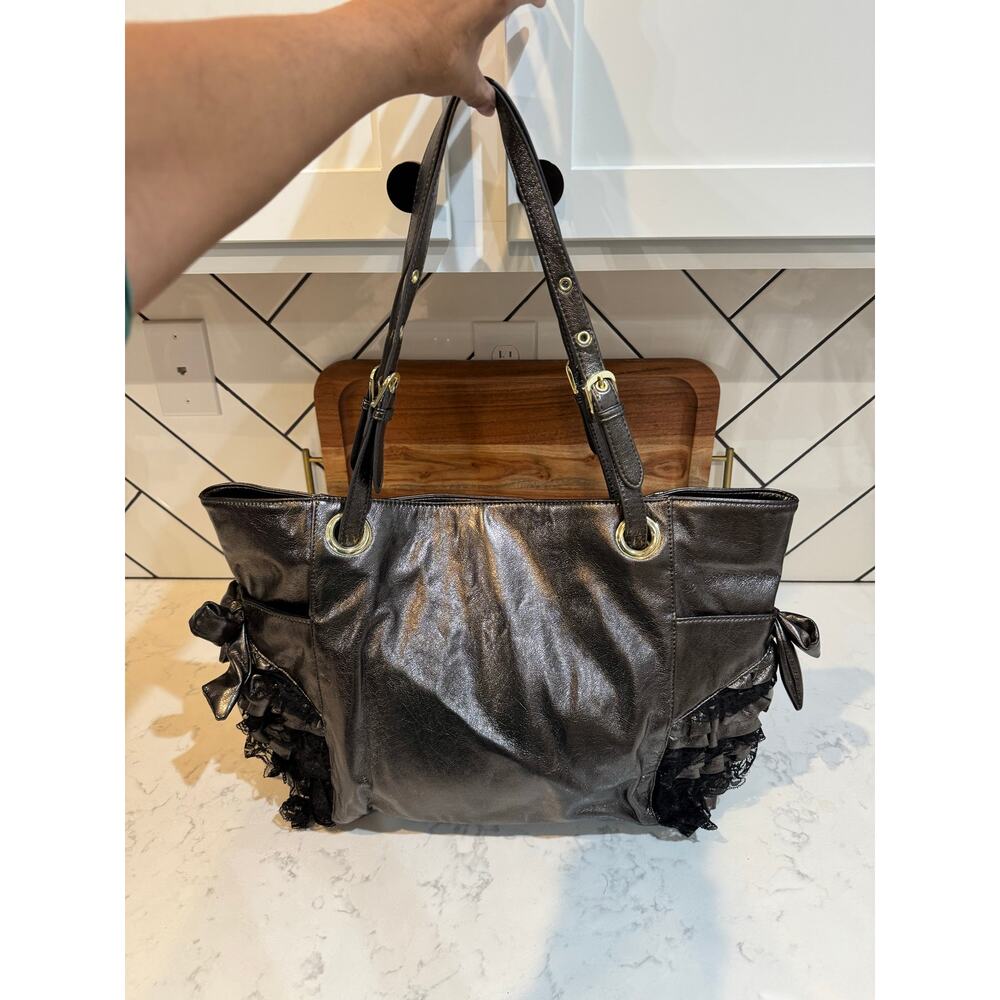 vintage Betsey Johnson Gunmetal Tote Bag with Ruffle Lace Accents 2006-2009 - Picture 3 of 16